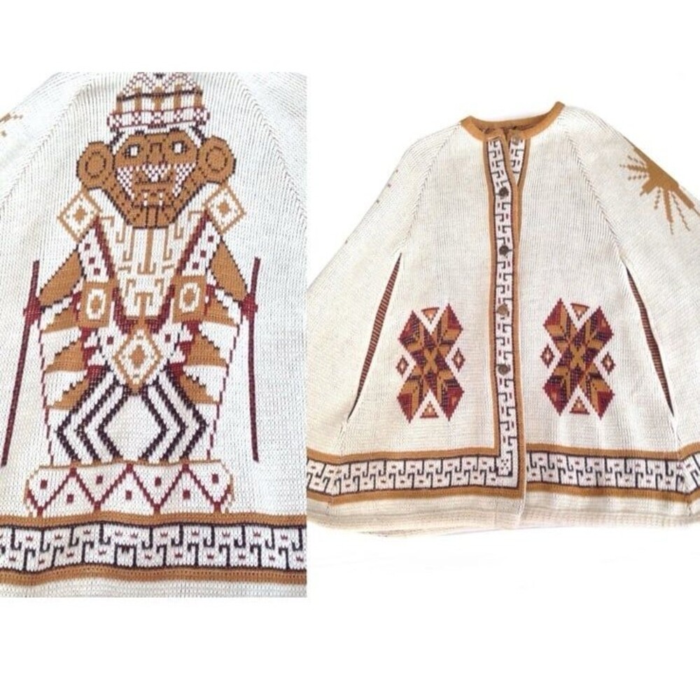 70s Vintage Tribal Aztec Knit Cape Poncho Sweater Southwestern Native American